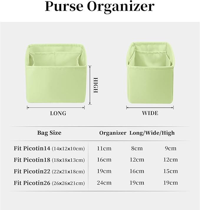 Purse Organizer Insert for Picotin 18/22, Satin Bag Organizer for Woman, Soft & Lightweight Purse Essentials, Ideal for Travel, Shopping, and Daily Use, Multiple Pockets(PC 18,Vert Criquet)