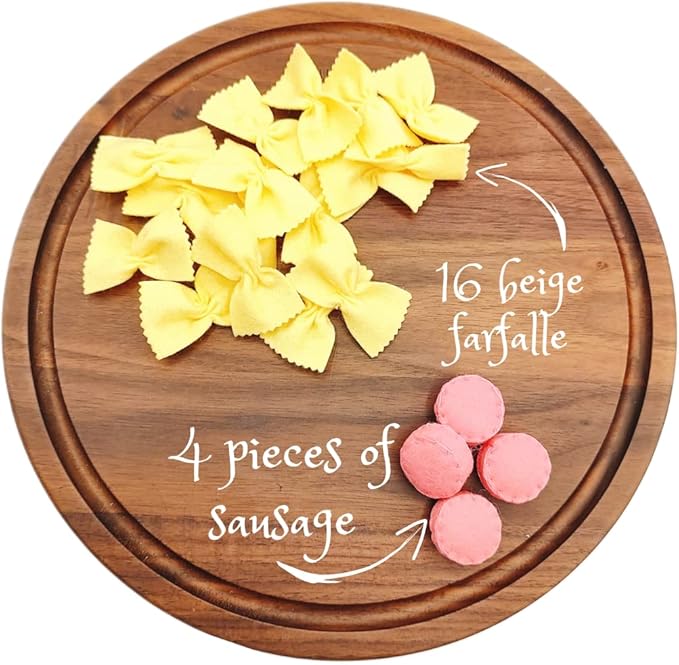 Felt play food Pasta farfalle with sausage for pretend play in kids kitchen, plush fake realistic bow tie (beige farfalle, Small set (16 farfalle, 4 sausages))