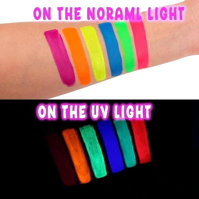 Depvision Glow in the Dark UV Face and Body Paint 6*10ml Neon Blacklight 0.34oz Reactive Fluorescent for Christmas Halloween Party Non-toxic