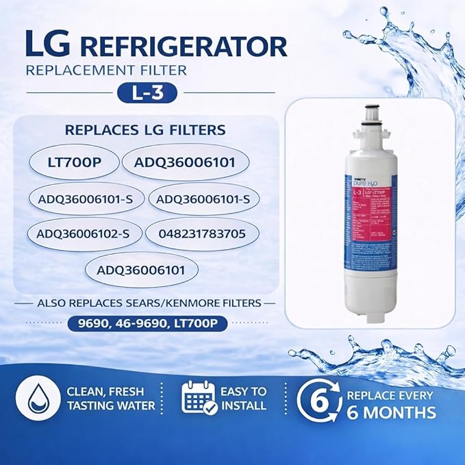 Watts L-3 LG Refrigerator Water Filter Replacement Cartridge, Compatible with LT1000P/ADQ73613401, 6-Month Life, Reduces Lead, Chlorine, Taste & Odor, NSF Certified