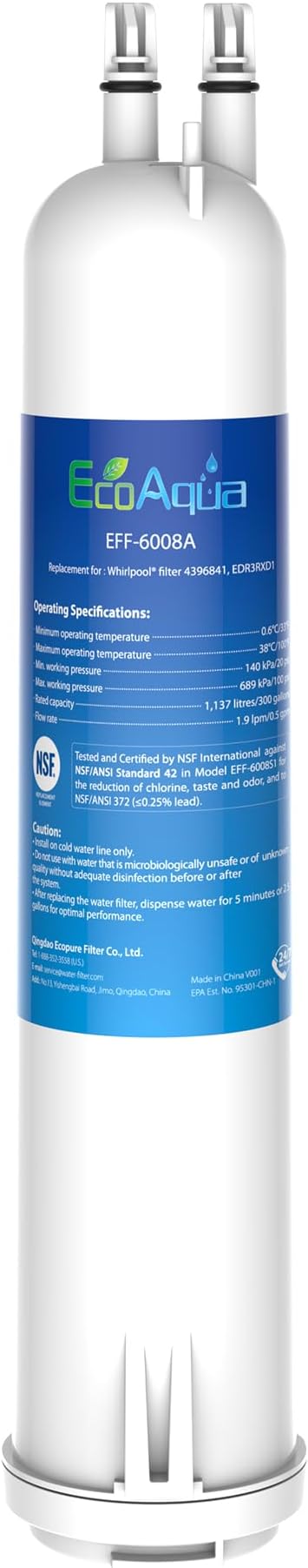 EcoAqua EFF-6008A Replacement for EDR3RXD1, 4396841, 4396710, Kenmore® 46-9083, 46-9030 Refrigerator Water Filter, Pack of 1
