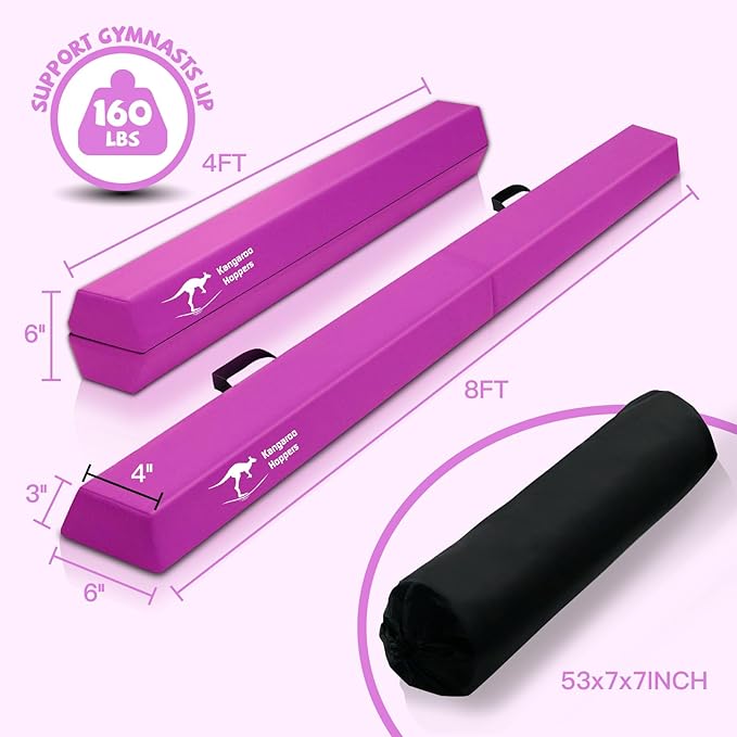 Kangaroo Hoppers Folding & Adjustable Balance Gymnastics Beam for Kids Ages 3-12, Extra Firm Floor Beam for Beginners and Professionals Home Training Equipment with Anti-Slip Foot, 8FT / 40 Inch
