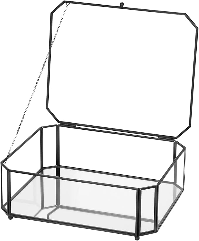 Large Glass Boxes for Display Handmade, Mirrored Bottom, Glass Jewelry Box with Lid, Trinket Box Book Photo Keepsake Organizer, Display Case for Vanity Decor Home Dresser, Octagon, Black