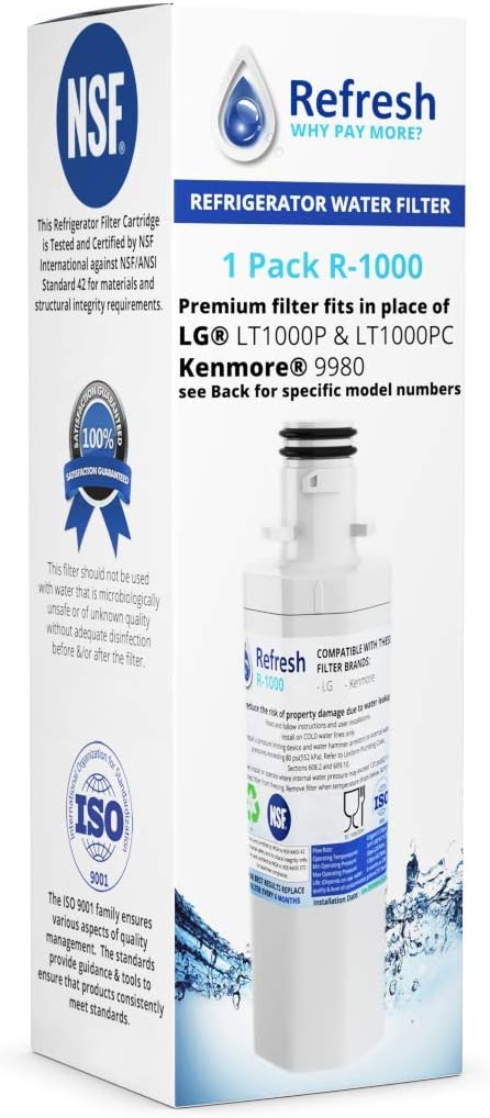 Refresh Replacement Refrigerator Water Filter for LG LT1000P, LT1000PC, LT1000PC, MDJ64844601, ADQ74793501, ADQ74793502 and Kenmore 46-9980, 9980 (3)