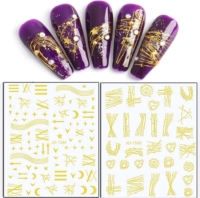 Gold Nail Art Stickers, 3D Self-Adhesive Decals - Wave Line Chains Flame Stars Flowers Leaf Sticker for Women Manicure Charms Decorations DIY Glitter Transfer Tips
