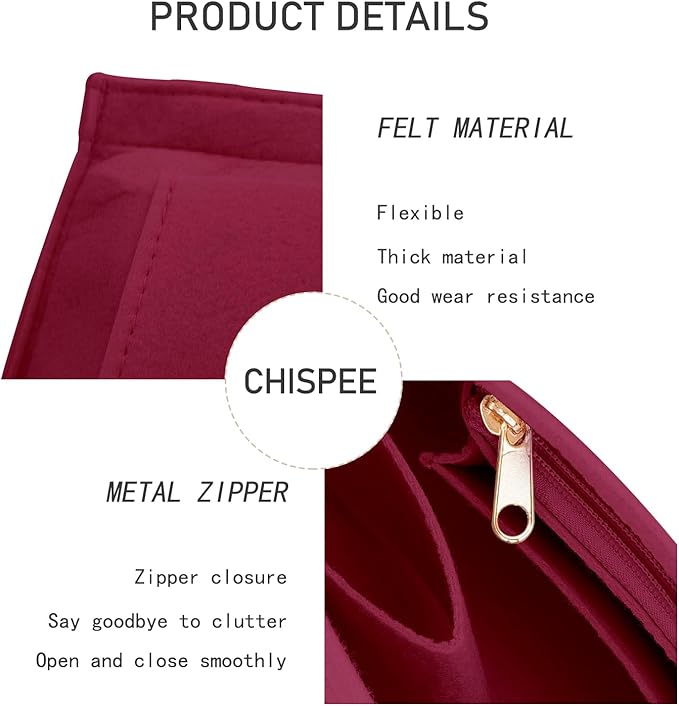Chispee Felt Purse Organizer Insert Luxury Handbag Organizers for Longchamp Organizer Insert Divider Pocket & Zipper Inner Bag Liner fit Medium, Wine Red