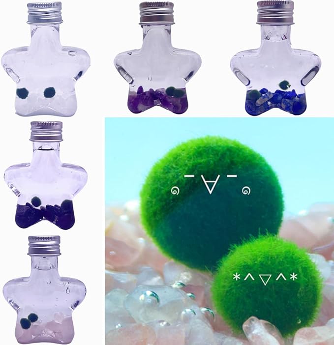 2PCS Marimo Cladophora Ball kit Natural Crystal 5 Choices Mini Marimo Cladophora Ball Kit - 5 Wish Stars with 2PCS Kokedama Unique Gift for Plants Beginners (Clear Quartz)