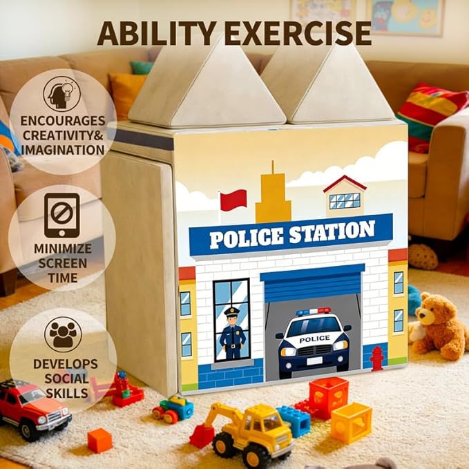 Play Couch Panels – Police Station Theme Foam Modular Sofa Panels with Adjustable， Soft Couch Accessories for Creative Arrangements， 33.5×37in