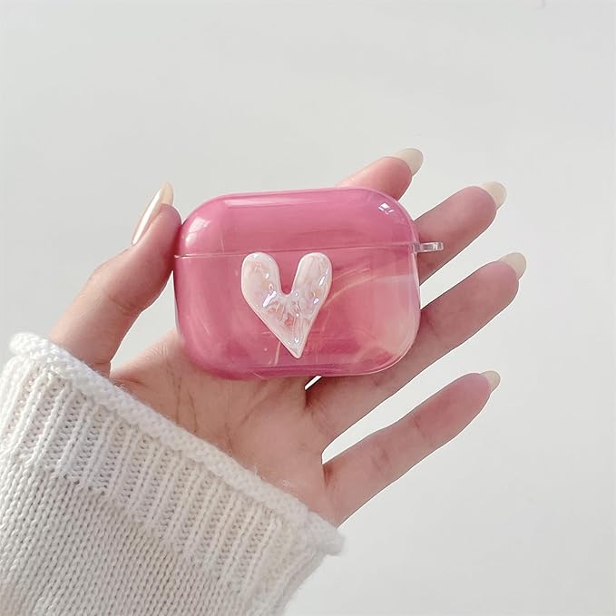 Pink Marble with 3D Raised Heart Silicone Case for AirPods Pro 3 (2025) - Cute Shockproof Cover with Detachable Long Neck Lanyard, Travel Keychain, MagSafe Compatible,for Women