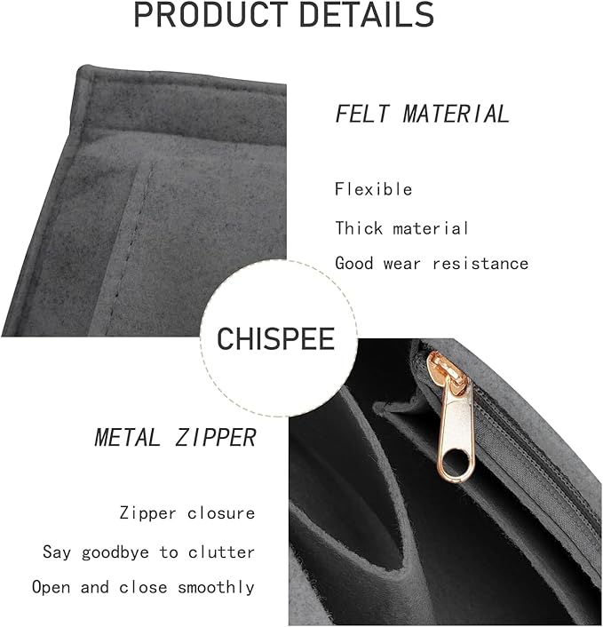 Chispee Felt Purse Organizer Insert Luxury Handbag Organizers for Longchamp Organizer Insert Divider Pocket & Zipper Inner Bag Liner fit Medium, Grey