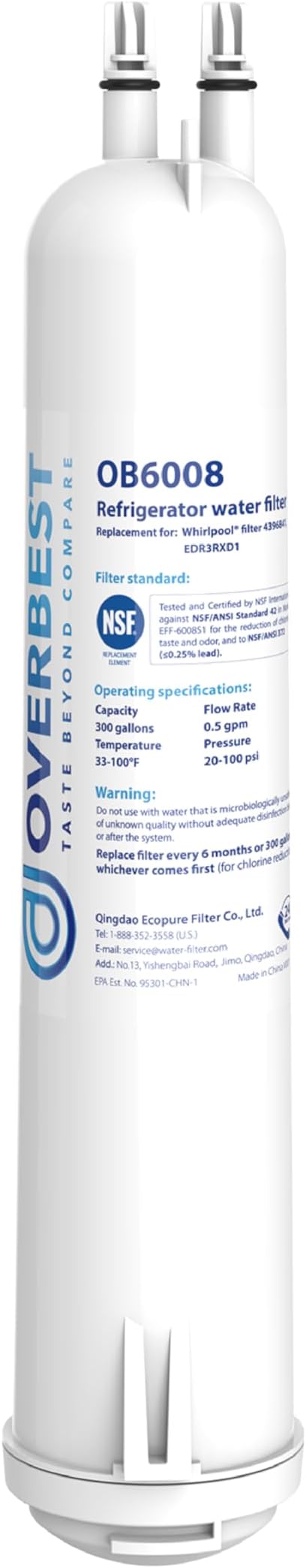 Overbest OB6008 Replacement for 4396841, Everydrop® Filter 3, EDR3RXD1, 4396710, Kenmore® 46-9083 Refrigerator Water Filter
