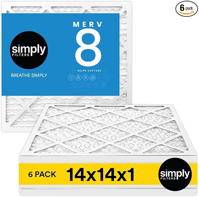 Simply 14x14x1 Air Filter, MERV 8, 6 Pack, For Home AC Furnace & HVAC (Actual Size: 13.75"x13.75"x0.75") DUST, Pet, & Allergy Control