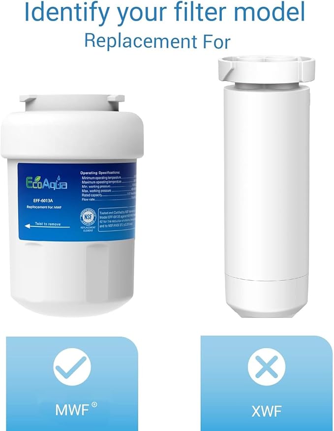 EcoAqua EFF-6013A Replacement Filter, Compatible with GE MWF SmartWater, MWFA, MWFP, GWF, GWFA, 46-9991, HDX FMG-1, WFC1201, GSE25GSHECSS, PC75009, RWF1060 Refrigerator Water Filter, 3 Pack