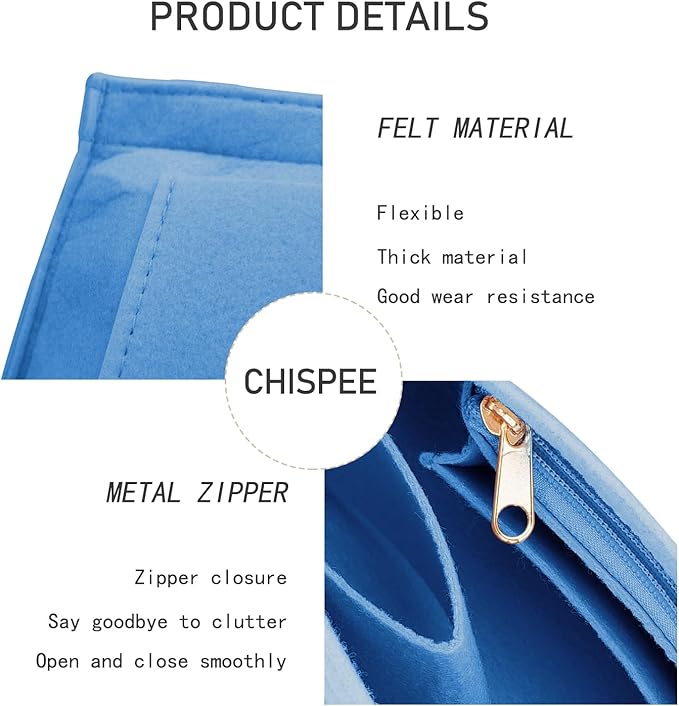 Chispee Felt Purse Organizer Insert Luxury Handbag Organizers for Longchamp Divider Pocket & Zipper Inner Bag Liner fit Small, Cerulean