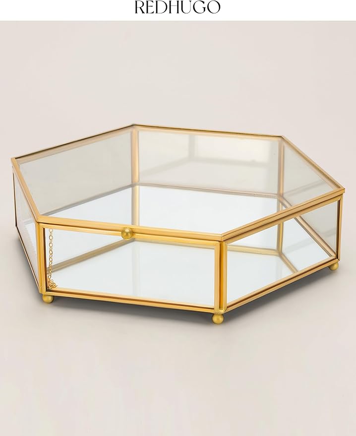 Hexagon Glass Box for Display Handmade, Mirrored Bottom, Brass & HD-Glass Geometric Jewelry Box with Lid for Trinkets, Photos, Books - Multipurpose Keepsake Organizer, Home Decor, Gold