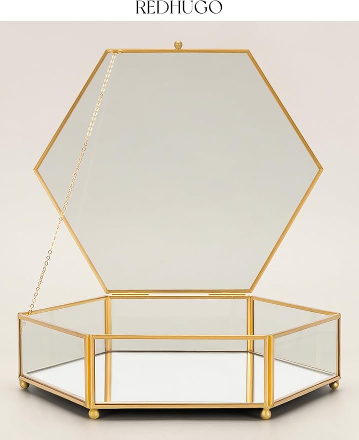 Hexagon Glass Box for Display Handmade, Mirrored Bottom, Brass & HD-Glass Geometric Jewelry Box with Lid for Trinkets, Photos, Books - Multipurpose Keepsake Organizer, Home Decor, Gold