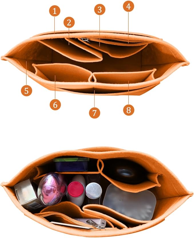 Chispee Felt Purse Organizer Insert Luxury Handbag Organizers for Longchamp Organizer Insert Divider Pocket & Zipper Inner Bag Liner fit Medium, Sun Orange