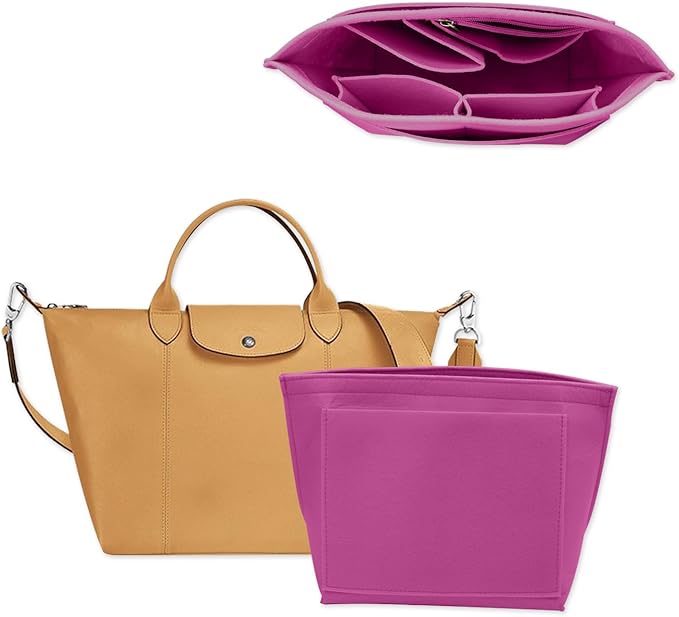 Chispee Handbag Organizers for Longchamp Felt Purse Divider Organizer Insert Pocket & Zipper Inner Bag Liner fit Large, Rose Pink