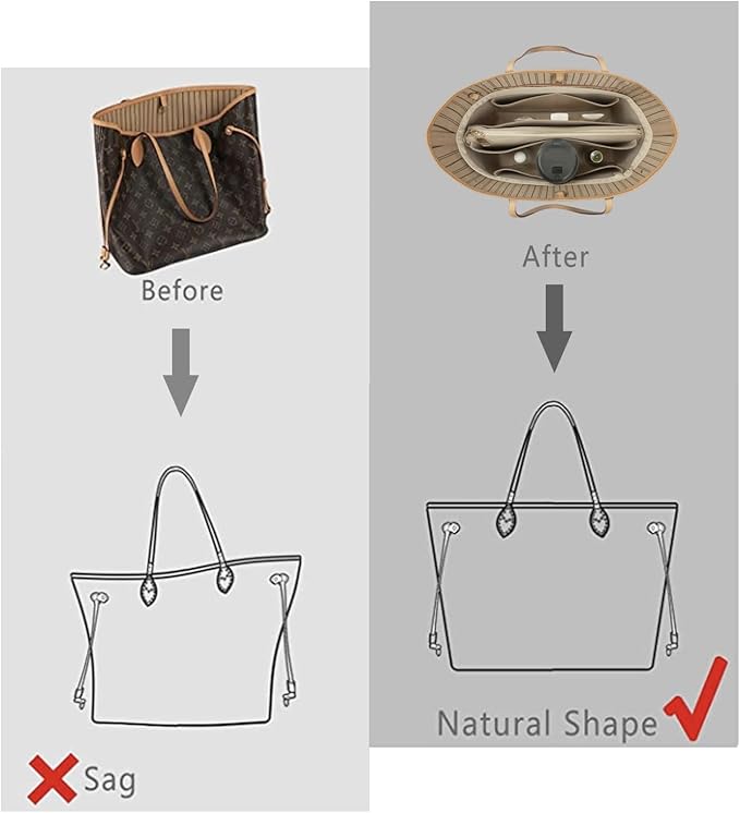 Purse Organizer Insert For Handbags, Purse Organizer With Zipper, Neverfull Organizer, Bag Organizer For Speedy Neverfull ONTHEGO Tote, Handbag and More (Silky Beige, SM)