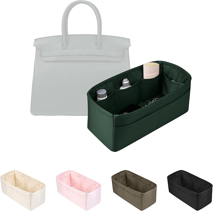 Purse Organizer Insert for Birkin 30, Lightweight & Soft Satin Organizer Insert with Pockets for Woman Bags, Ideal for Travel, Shopping, and Daily Use, Multicolor Options(Vert Anglais, BK30 Sellier)