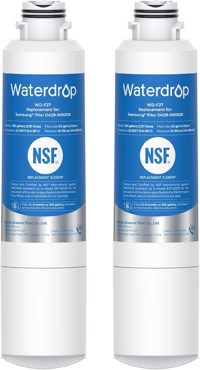 Waterdrop DA29-00020B Refrigerator Water Filter, Replacement for Samsung® HAF-CIN/EXP, DA29-00020B-1, RF263BEAESR, RF4287HARS, Reduce Chlorine, bad Taste and Odor, 2 Filters