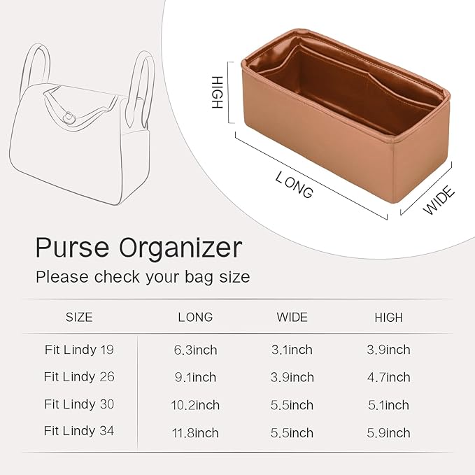 Silky Bag Insert Fit for Hermes Lindy 19/26, Silky Purse Organizer, Lightweight and Silk Touch (Fits Lindy 26, Gold)
