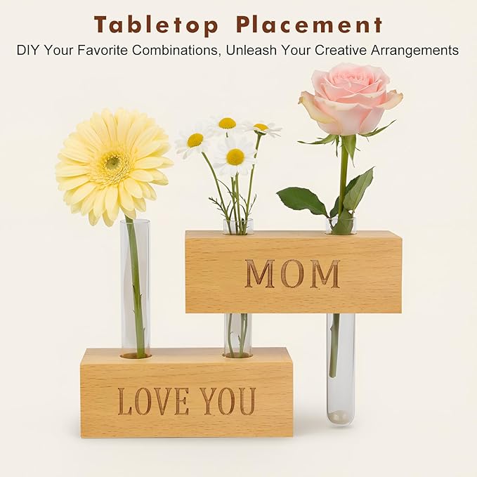 Mini Magnetic Wooden Vases with MOM & Love You Engraving - Wood Blocks with Test Tubes, Tabletop & Fridge Decor, Mom Gifts from Daughter, Unique Birthday Gifts for Mom from Son (Walnut)
