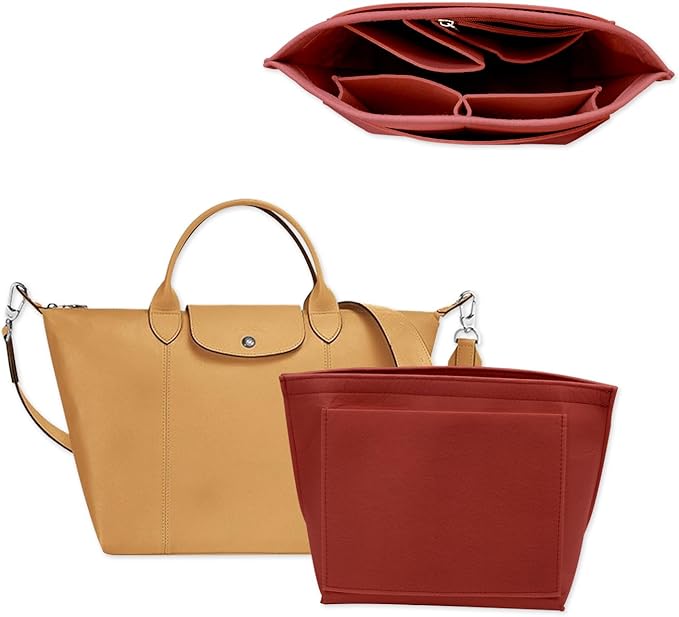 Chispee Purse Organizer Insert Felt Tote Bag Organizer Insert for Longchamp Organizer Divider Pocket & Zipper Inner Bag Liner fit Small, Red
