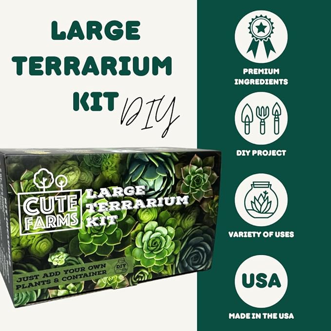 Cute Farms Terrarium Starter Kit | Moss, Vermiculite, Soil, Pebbles, Plant Food, & Finishing Tools (Large Kit + Live Plants + Crystals)