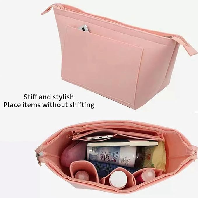 Chispee Purse Organizer Insert for Handbags, Felt Bag Organizer with Zipper Handbag Organizers for Longchamp Divider Pocket & Zipper Inner Bag Liner (Beige,M)