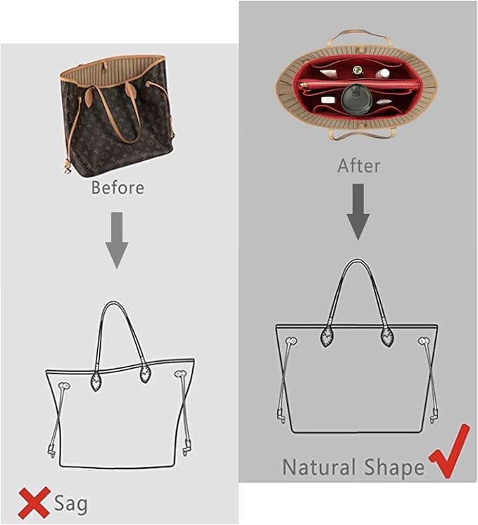 Purse Organizer Insert For Handbags, Purse Organizer With Zipper, Neverfull Organizer, Bag Organizer For Speedy Neverfull ONTHEGO Tote, Handbag and More (Silky Red, Slender Large)
