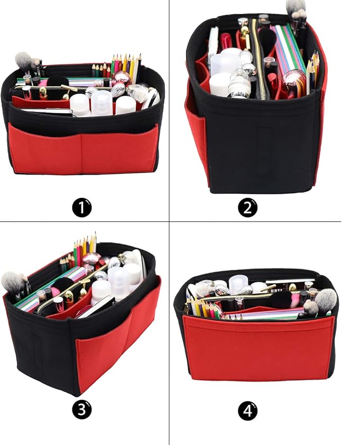 LEXSION Felt Purse Bag Organizer Insert with zipper Bag Tote Shaper Fit Speedy Neverful PM MM 8021 Black-red L2