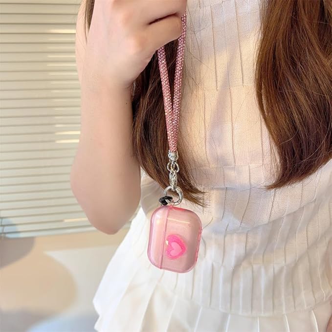 Compatible with AirPods Pro 1st/2nd Gen (2019-2023) Transparent Silicone Case, Cute Heart Design with Long Lanyard Keychain, Travel-Friendly Protective Cover for Women and Girls - Pink
