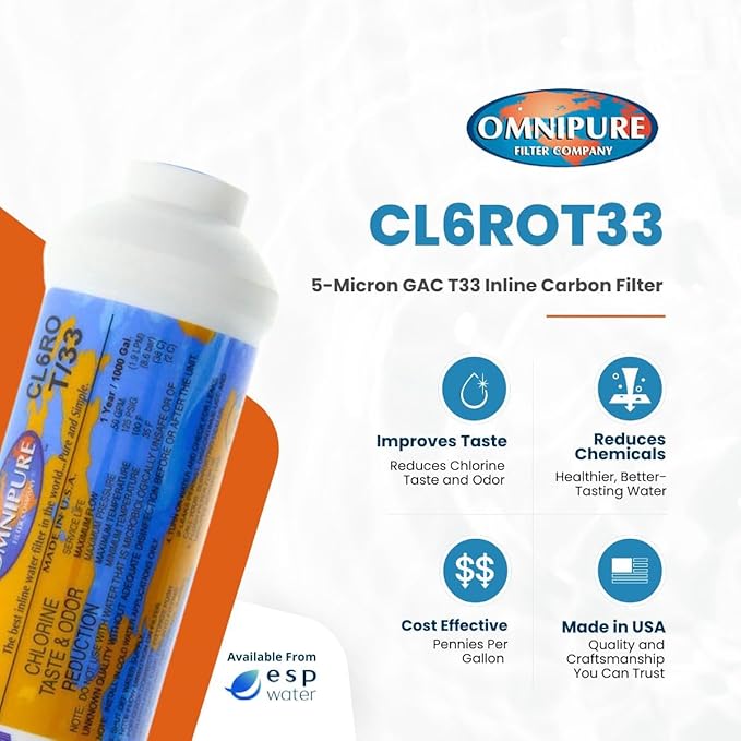 Omnipure CL10ROT33-CC Inline GAC Carbon Filter 5-Micron, 10" x 2" with 3/8" Female Thread Fittings, Removes Chlorine and Improves Taste & Odor for RO Systems, Ice Makers, Water Coolers, Fountains