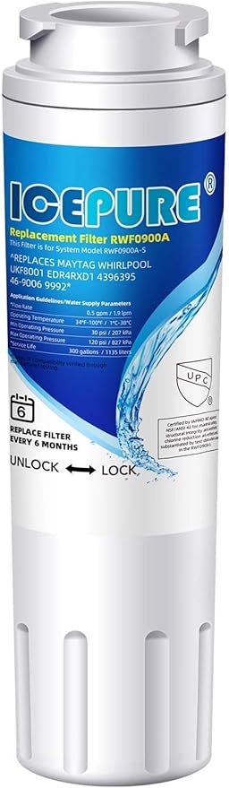 ICEPURE UKF8001 Replacement for Whirlpool EDR4RXD1, 4396395, Maytag UKF8001AXX-200, EveryDrop Refrigerator Water Filter 4, RFC0900A, FMM-2, WF295, UKF8001P, 469006, PUR, Puriclean II, RWF0900A, 1PACK
