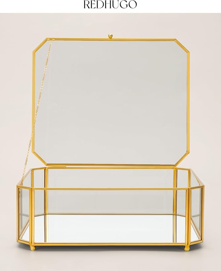 Large Glass Boxes for Display Handmade, Mirrored Bottom, Glass Jewelry Box with Lid, Trinket Box Book Photo Keepsake Organizer, Display Case for Vanity Decor Home Dresser, Octagon, Gold