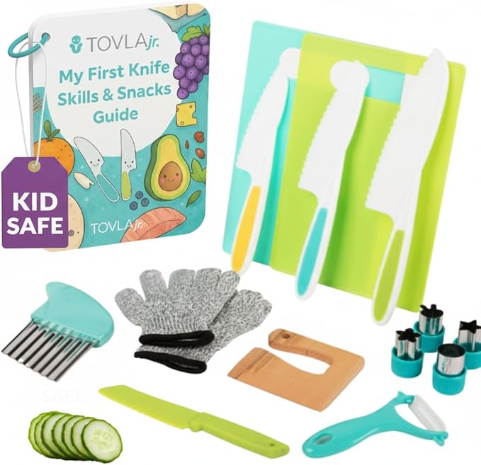 Toddler Safe Knife Set with Recipe Book - Includes Peeler, Cutting Board, and Chopper - Real Kitchen Tools for Kids Ages 4-12