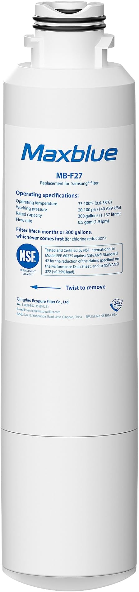 Maxblue DA29-00020B Refrigerator Water Filter, Replacement for Samsung® HAF-CIN/EXP, HAF-CIN, RF28HMEDBSR/AA, RF28K9380SR, RF263BEAESR/AA, RF28JBEDBSG, RF4287HARS, RF28HFEDTSR, DA97-08006A