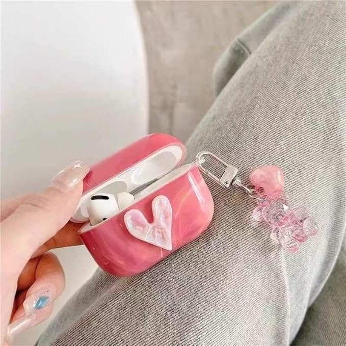 Compatible with AirPods Pro1st/2nd Gen (2023/2022/2019) Case:Pink Marble Silicone Cover with 3D Heart Design,Shockproof Protective Case with Long Adjustable Neck Strap & Keychain for Women Girls,Cute