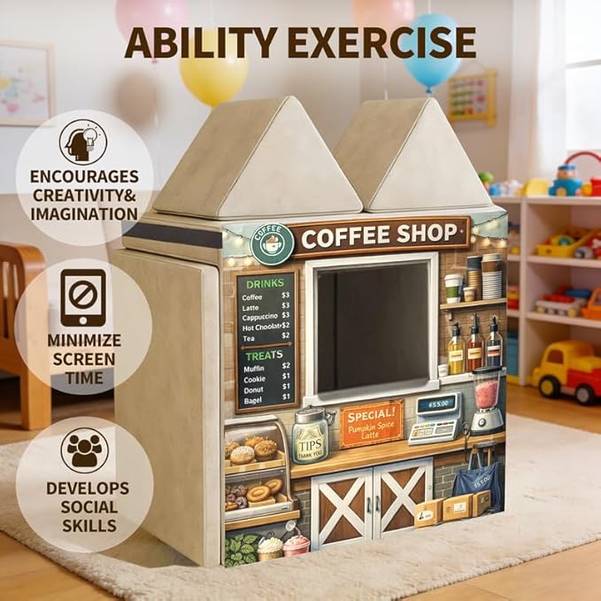 Foam Play Couch Panels - Coffee Shop Theme,Soft Sofa Accessories,Modular Play Panels,33.5x37 Inches,Barista Counter Design with Drinks and Treats Displ