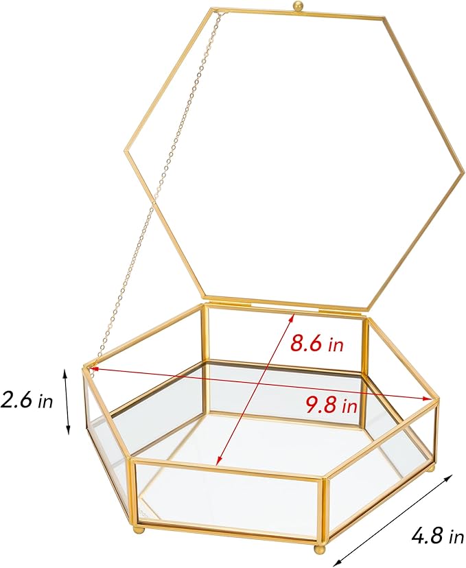 Hexagon Glass Box for Display Handmade, Mirrored Bottom, Brass & HD-Glass Geometric Jewelry Box with Lid for Trinkets, Photos, Books - Multipurpose Keepsake Organizer, Home Decor, Gold