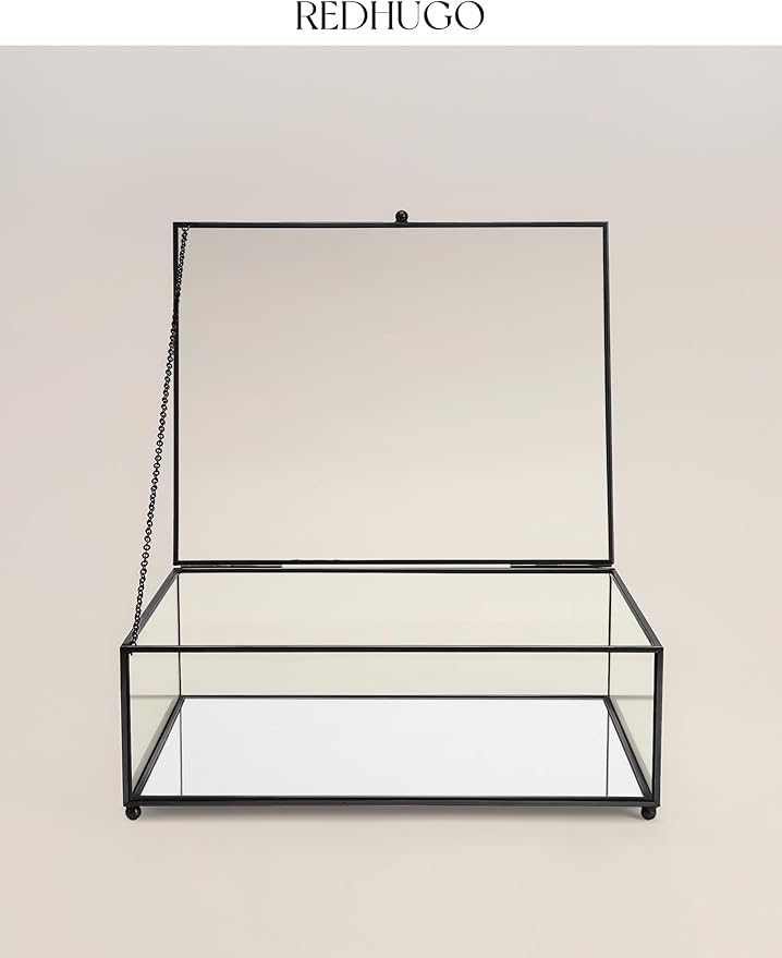 Large Glass Boxes for Display Handmade, Mirrored Bottom, Glass Jewelry Trinket Box with Lid, for Book Photo Keepsake Organizer Display Case for Vanity Decor Home, 10.4"L x 8.5"W x 3.7"H, Black