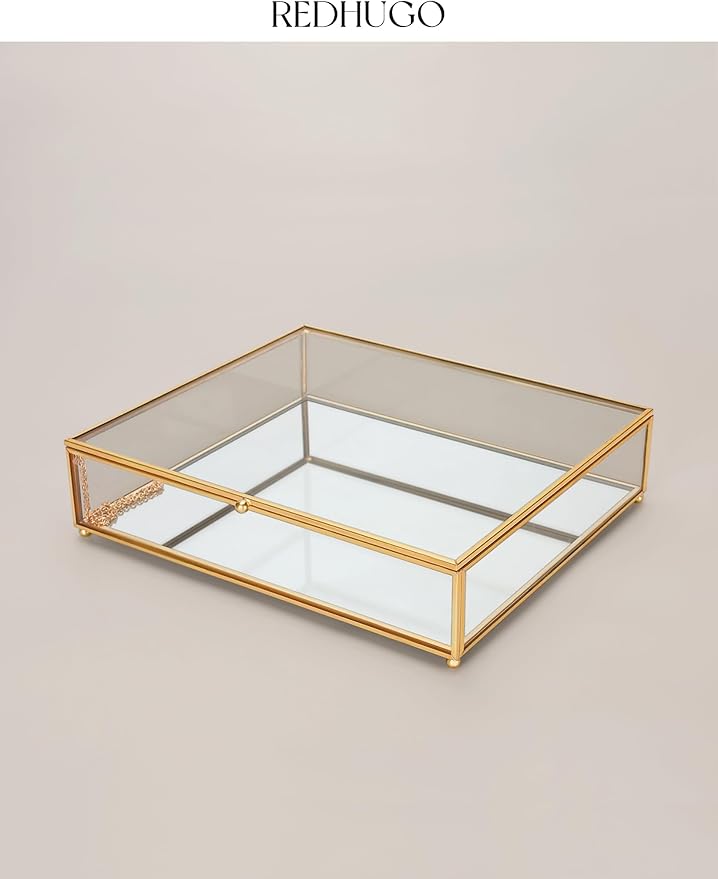 Large Glass Boxes for Display Handmade, Mirrored Bottom, Glass Jewelry Trinket Box with Lid, for Book, Photo, Keepsake Organizer, Display Case for Vanity Decor Home Dresser, Gold