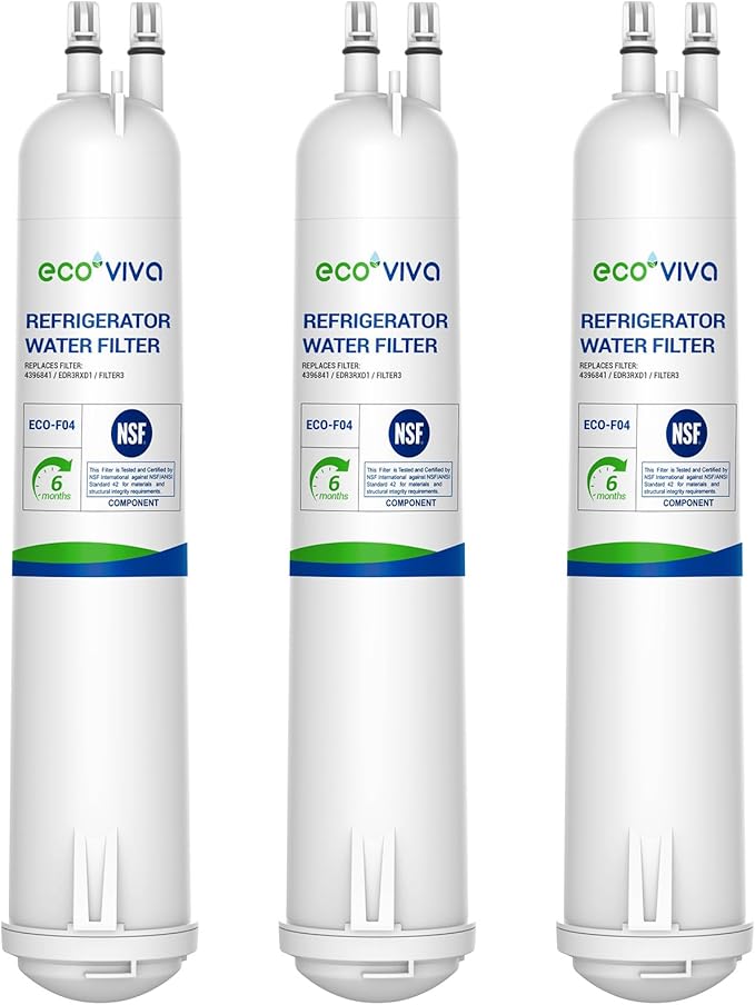 Ecoviva EDR3RXD1 Replacement Water Filter, Compatible with Whirlpool 4396841, Filter 3, 4396710, P1WB2, Kenmore 46-9020, 46-9020P, PUR W10121145,W10121146 Refrigerator Water Filter, 3 Filters