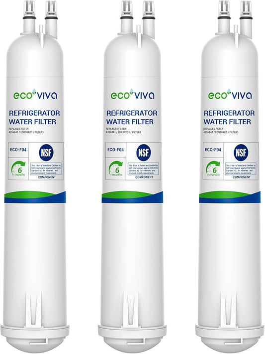 Ecoviva EDR3RXD1 Replacement Water Filter, Compatible with Whirlpool 4396841, Filter 3, 4396710, P1WB2, Kenmore 46-9020, 46-9020P, PUR W10121145,W10121146 Refrigerator Water Filter, 3 Filters