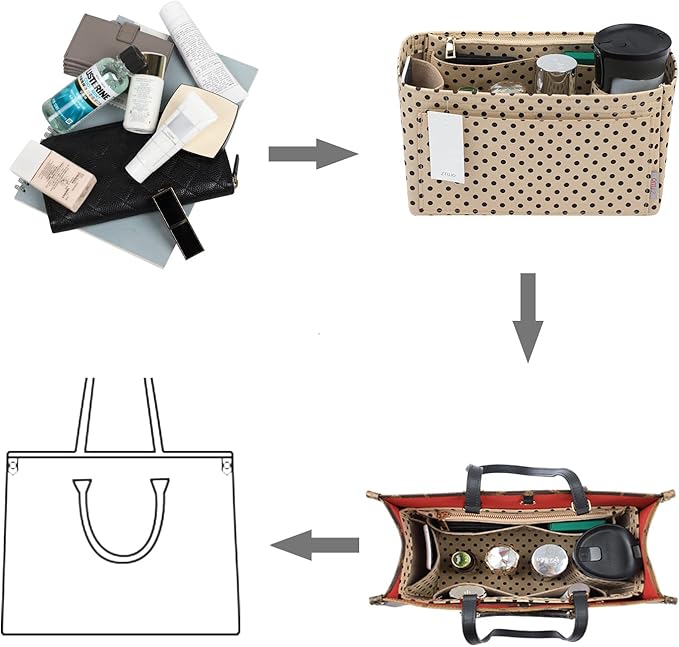 ZTUJO Purse Organizer Insert For Handbags, Silky Touching Bag Organizer Insert With Bottle Holder, Perfect for Speedy, Neverfull, Tote,ONTHEGO,Artsy,Handbag and More (Large, Brown polk dots Beige)