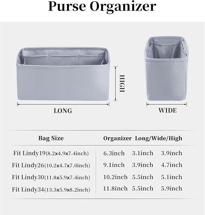 Lindy Bags Organizer Insert, Bag Storage with Silky Satins Material, Lightweight Inner Bag Compatible with Lindy 34 Bag Storage, Handbag Insert with Pockets (Blue Pale, Lindy34)