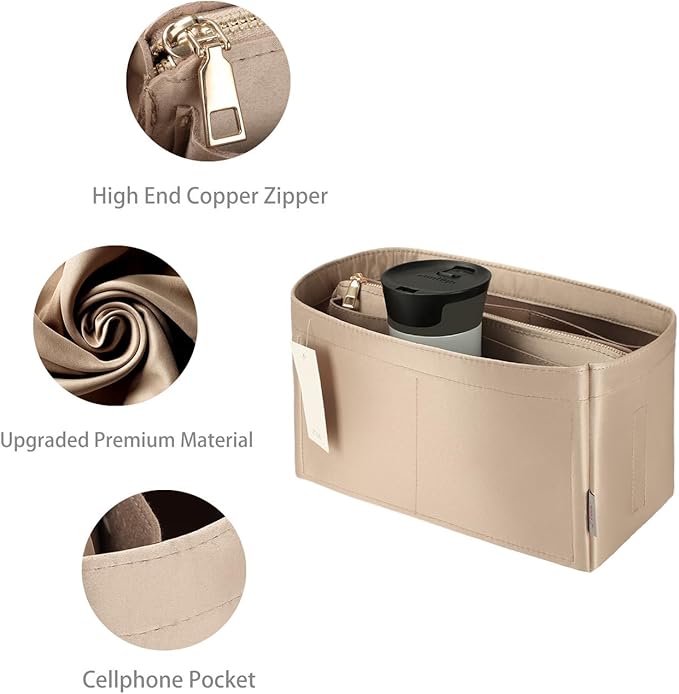 Purse Organizer Insert For Handbags, Purse Organizer With Zipper, Neverfull Organizer, Bag Organizer For Speedy Neverfull ONTHEGO Tote, Handbag and More (Silky Beige, Large)