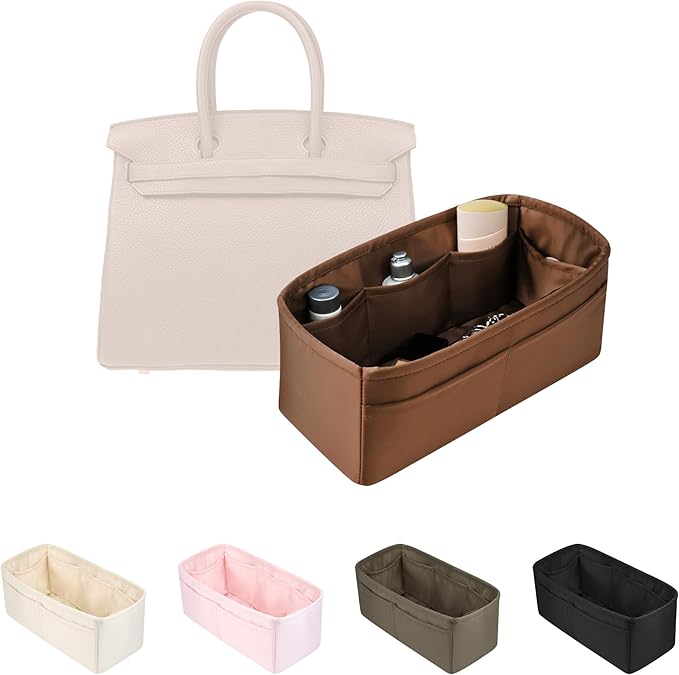 Purse Organizer Insert for Birkin 25, Lightweight & Soft Satin Organizer Insert with Pockets for Woman Bags, Ideal for Travel, Shopping, and Daily Use, Multicolor Options(Gold, BK25 Sellier)