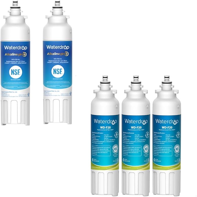Waterdrop ADQ73613401 Replacement for LG® LT800P®, With 𝐀𝐥𝐤𝐚𝐥𝐢𝐧𝐞 ADQ73613401 Water Filter, 𝐄𝐧𝐡𝐚𝐧𝐜𝐞𝐬 𝐩𝐇, Replacement for LG® LT800P® 5 Fliters